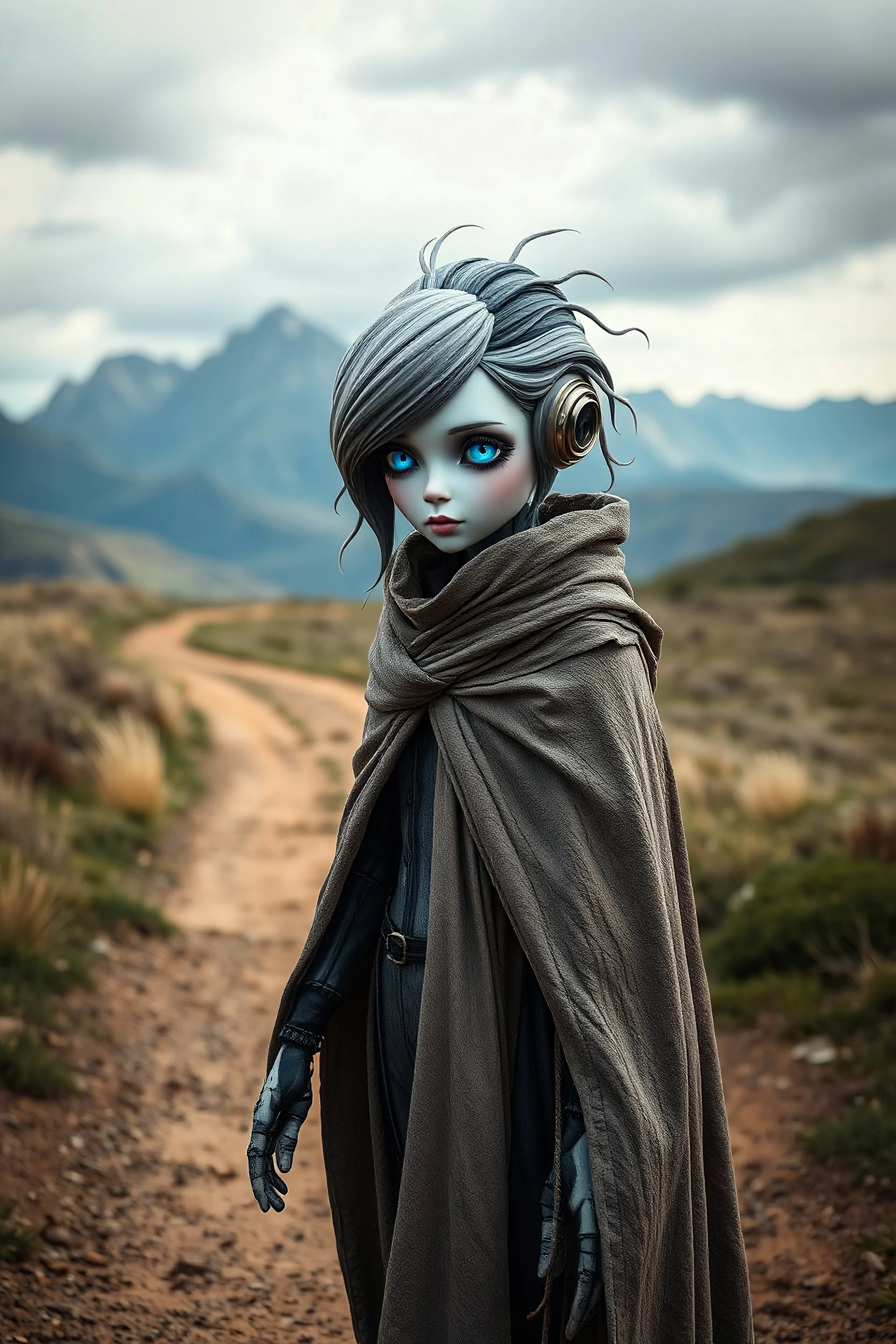 a porcelain mechanical woman with vibrant blue gem eyes, grey and black metallic hair, and a slim frame, covered in a shabby cloak to hide her unusual and inorganic form. She is standing on a dirt path heading to a set of far away mountains. She has a fantastical mature design