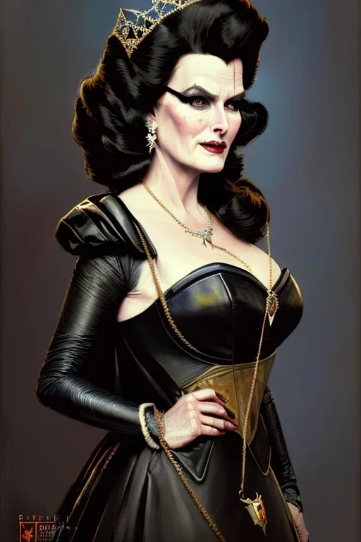 painting of merryl streep as evil queen in black leather gown, feminie, angry, stern look on her face, volouptous, busty, cleavage, emperious, mature, highly detailed, digital painting, artstation, concept art, smooth, sharp focus, illustration, art by gaston bussiere and alphonse mucha