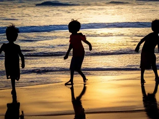 children playing on the Indian beach capture them against the sun and make an art silhouette, hyper details, real sharp, 8k, well detailed, well shaped