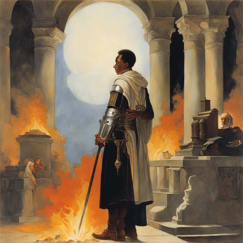 [art by Norman Rockwell] With newfound determination burning in his eyes, Roupinho stepped back, his gaze lingering on the statue of the Black Madonna. Leaving the grotto, Roupinho emerged into the world, his heart aflame with the divine spark that had been ignited within him. And so, the knight set forth on his sacred quest, his destiny intertwined with the miraculous presence of the Black Madonna of Nazaré. The echoes of his pledge reverberated through the hallowed halls of his soul, ignitin