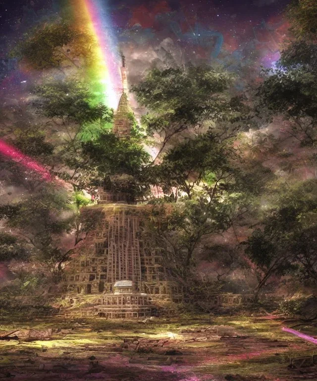 Seraphic angelic holy tower pagoda mothership starship photorealistic colorful rainbow sky massive tree canopy light beams birds flying futuristic rusty destroyed mechanical astral one ghosts poltergeist haunt mechwarrior transformer ninja samurai sword gundam alien abandoned wreckage in old battlefield blast crater on the lunar surface ancient pyramid temple urban ruins trees plants vines ferns palms