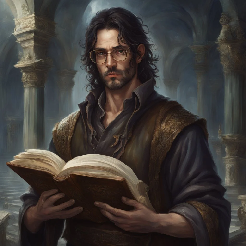 fantasy dnd scholar 40 year old male holding books wearing eye glasses thin body havent eat in a week dirty from travelling the road long dark hair