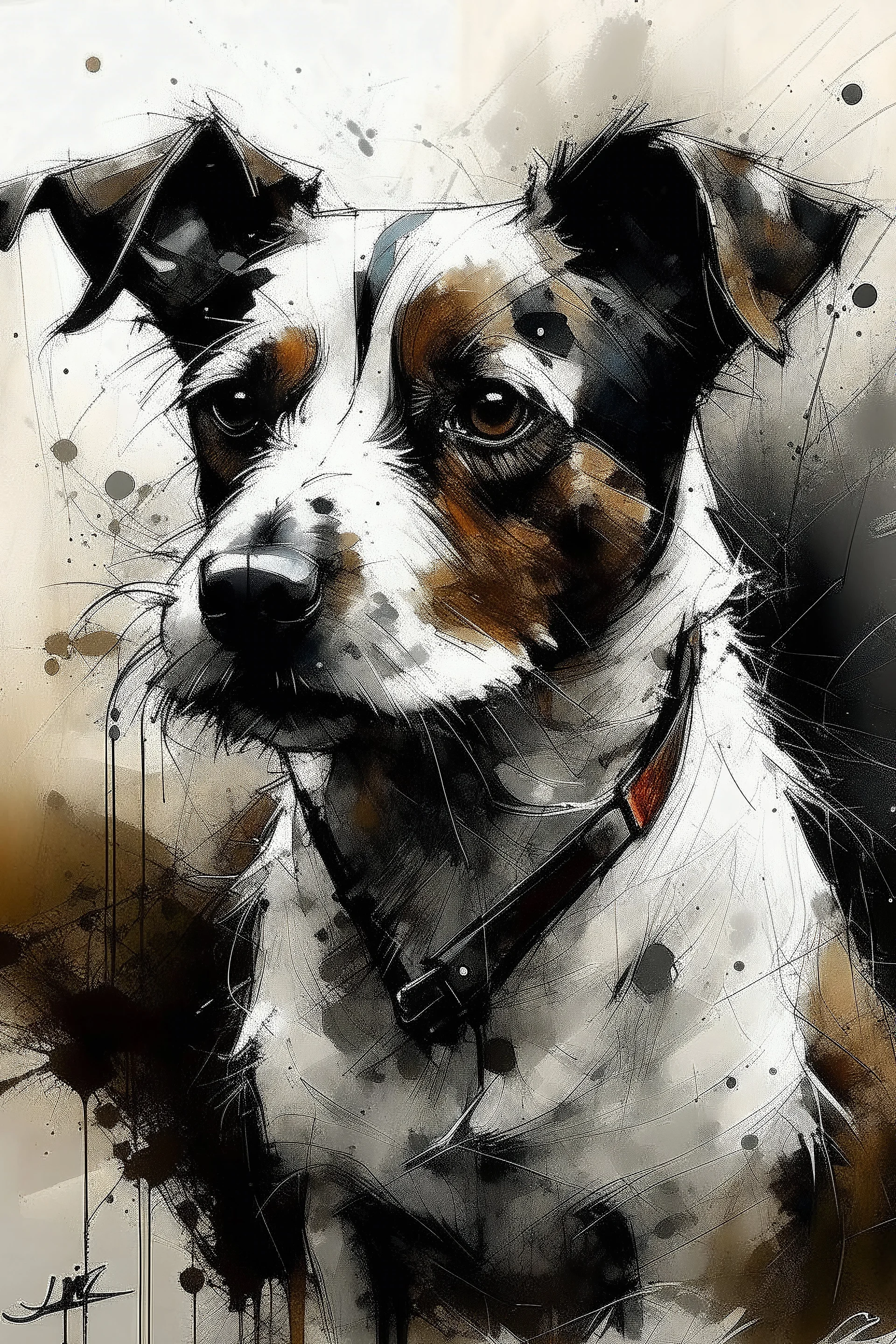 Portrait of a rough coated jack Russell terrier in the style of Yoji Shinkawa, Guy Denning, Florian Nicolle, willem haenraets
