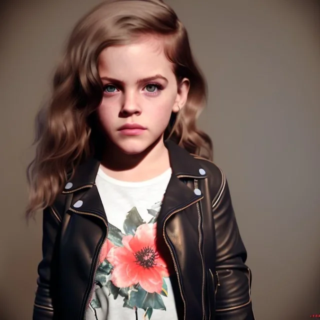 Riley keough toddler, full body, leather jacket, floral shirt, floral skirt, shoe, soft skin, dramatic lighting, hyper realistic