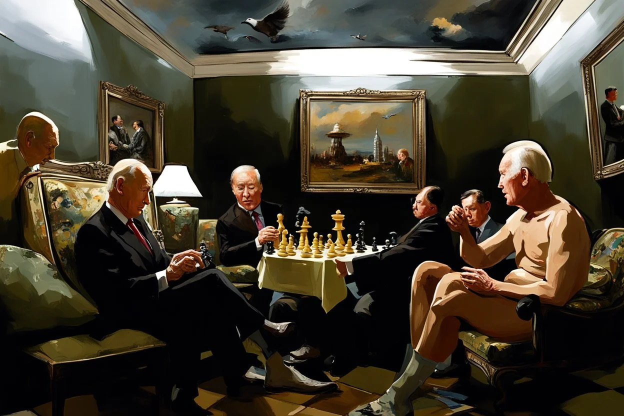 Putin, President Xi Of China And Joe Biden Play Chess With A Pigeon,Ufo And Atomic Bomb Mushroom Cloud,Complex Surgical Instruments Intermixed With A Newborn Boy,Minimalism,Painting By Adrian Ghenie,Rene Magritte,Pablo Picasso,Michelangelo,Salvador Dali,Lucian Freud