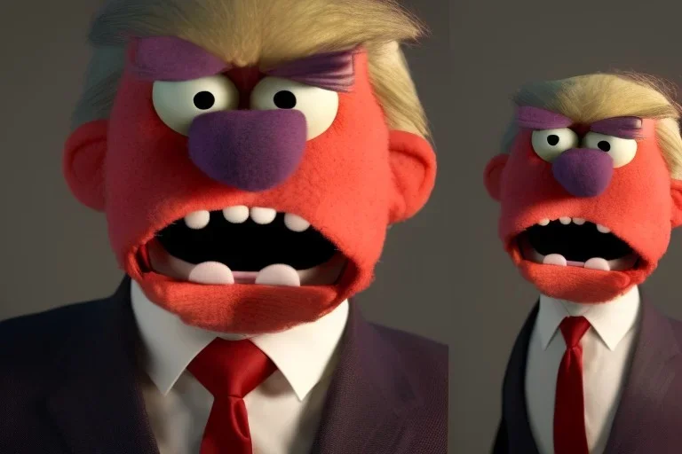 Angry muppet trump in suit, looking forward, face, eyebrows