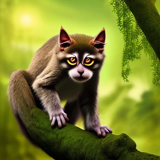 Monkey Cat on a branch, Photo portrait, 3/4 angle, jungle background, full body