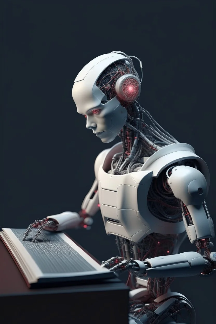 generate a front cover simplistic illustration representation of Ai realistic humanoid bot editing a book