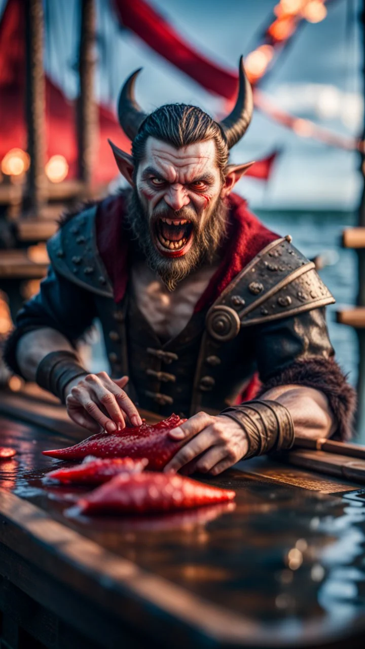 portrait of a vampire werewolf sucking the blood of fish on a viking ship, on a glass pier ,bokeh like f/0.8, tilt-shift lens 8k, high detail, smooth render, down-light, unreal engine, prize winning