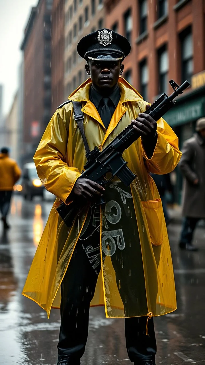 retro nypd full body color 1920 blackmen policeman wtih heavy yellow rain transparent coat with thompson riffle