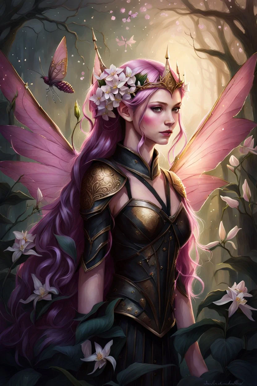 Pink,Hydrangea,orchids,lilies of the valley,night,pink hair,rapunzel hair,elven crown,dragonflies,pointed ears,elven ears,dark fairy princess,sparkle,,dark gold armour,fairy wings,pink