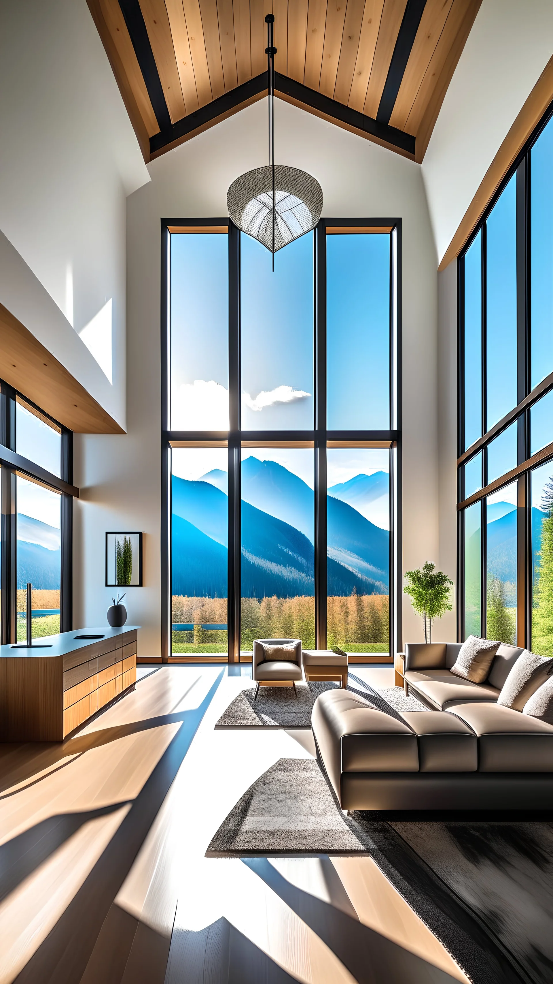 Modern home interior with a breathtaking view majestic mountains complemented by natural light, capturing the essence of serenity and tranquility in this photography.