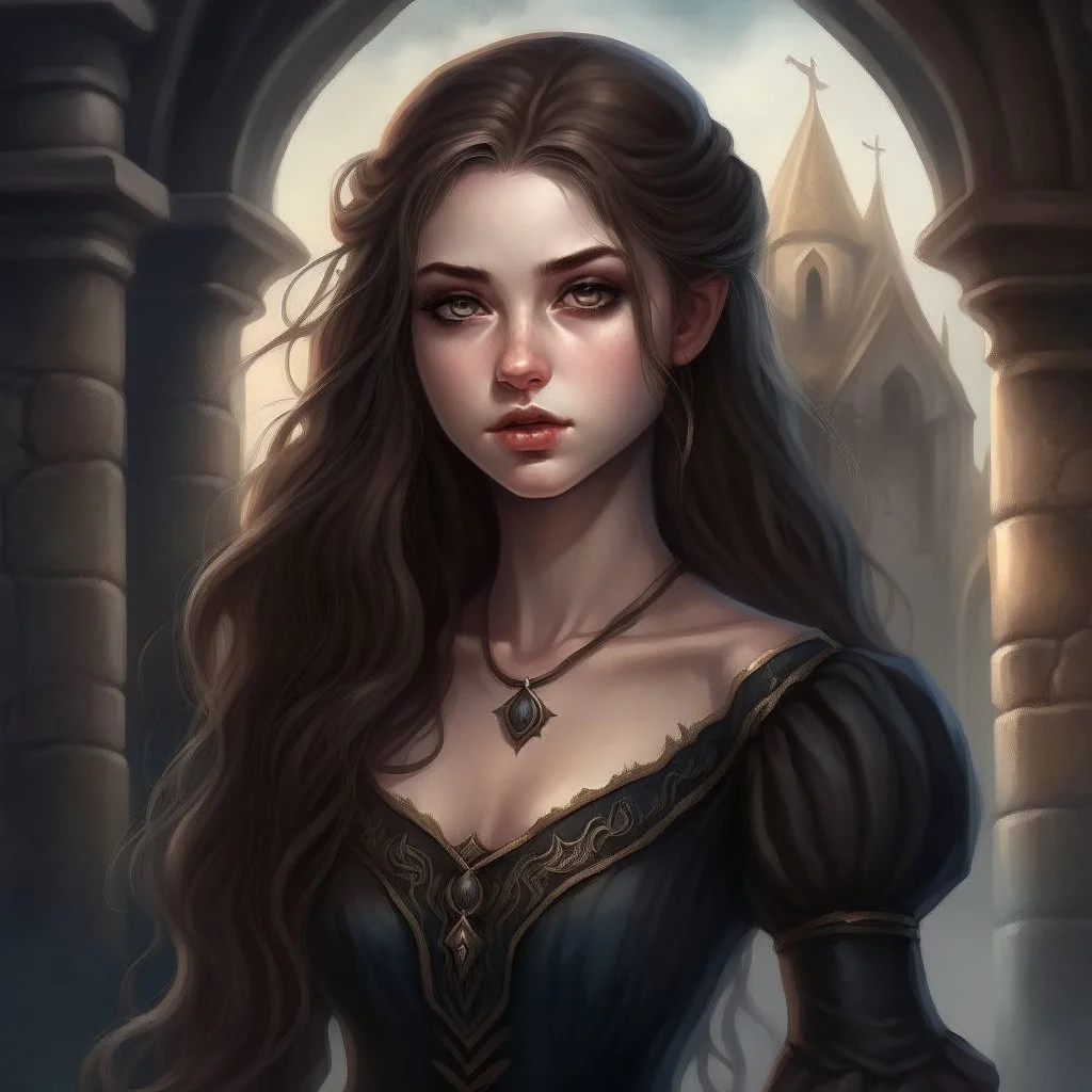 pretty girl, young, brown hair, conventionally attractive, tight top, curvy, fit, necromancer, sorcerer