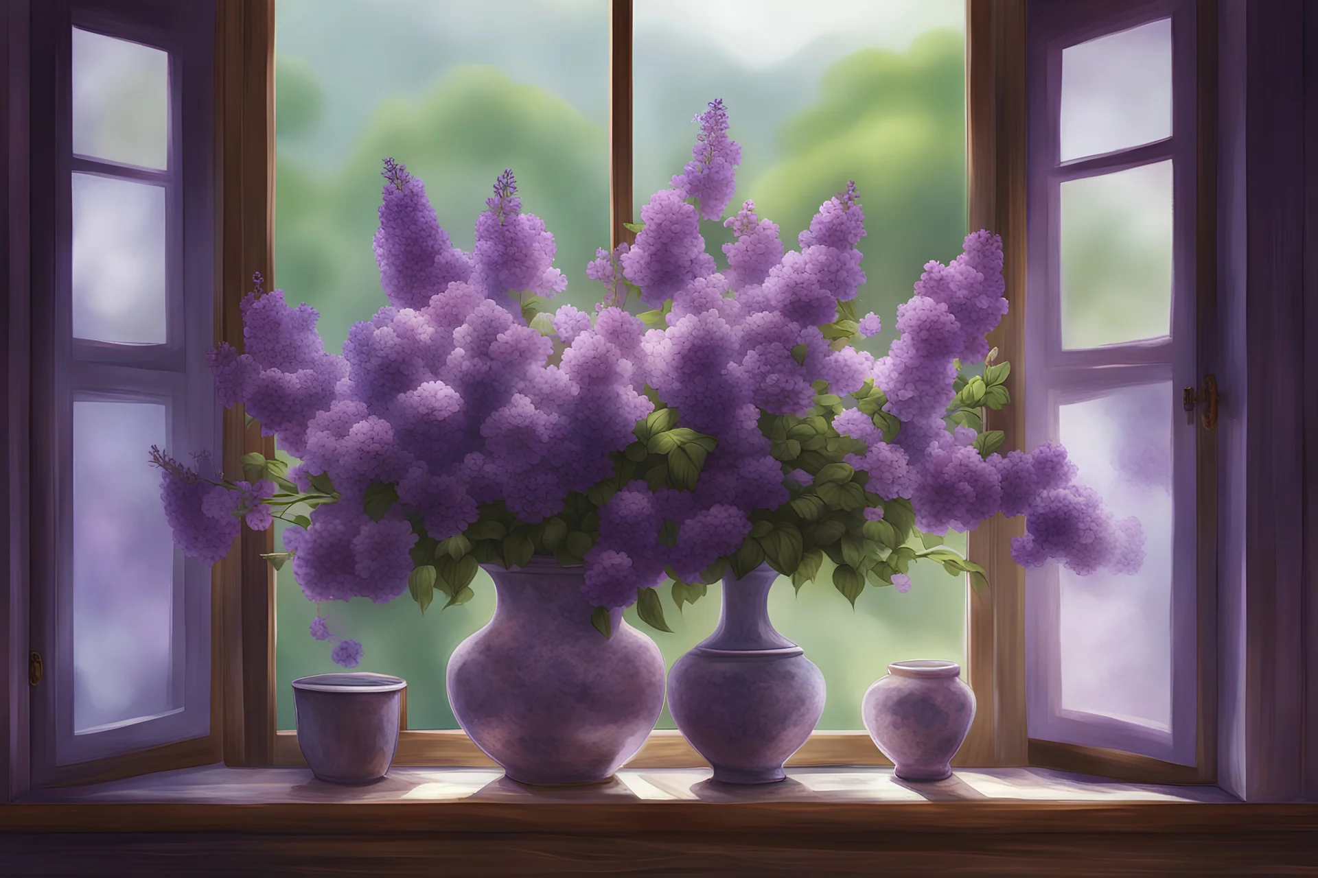 a vase filled with purple flowers in front of the window, realistic artstyle, little cottage, by Bian Shoumin, the artist has used bright, full image. Meticulously enhance image with Adobe Photoshop.