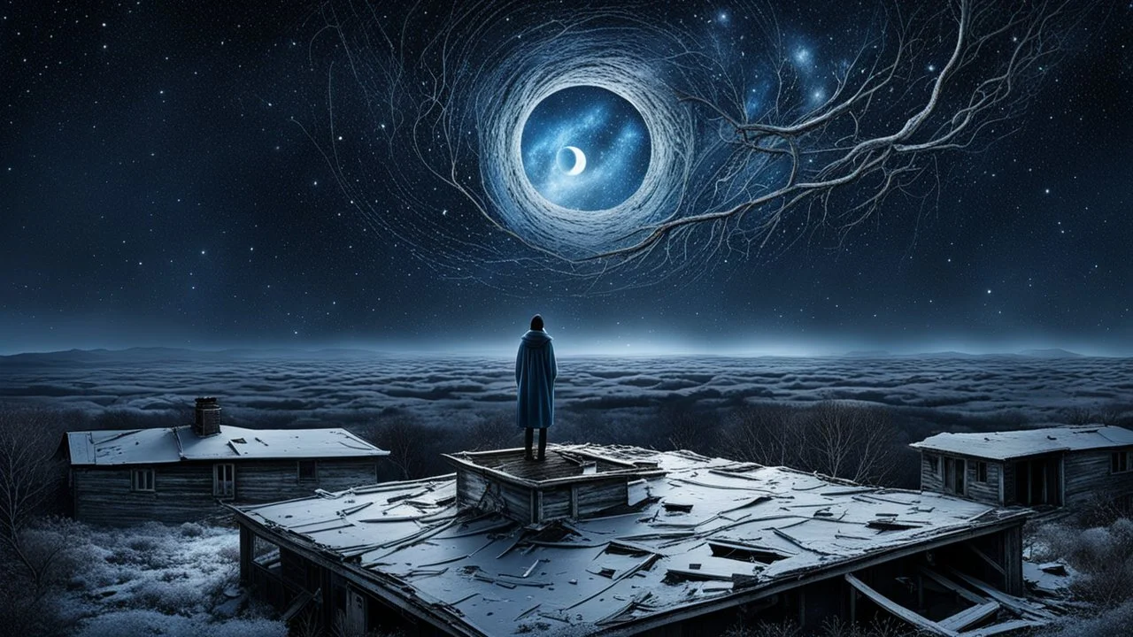 a solitary figure standing on the roof of an abandoned house at midnight, staring into an endless frozen cosmos where shattered moons and impossible constellations drift in silence. The stars feel painfully close yet forever unreachable, while the universe bends like a dream around them. Deep sorrow, quiet longing, surreal realism, cinematic moonlight, cold blue and silver palette, poetic emptiness, ultra-detailed, haunting atmosphere.