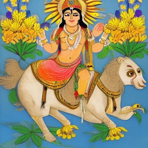 indian god of flowers riding on a flowery bird