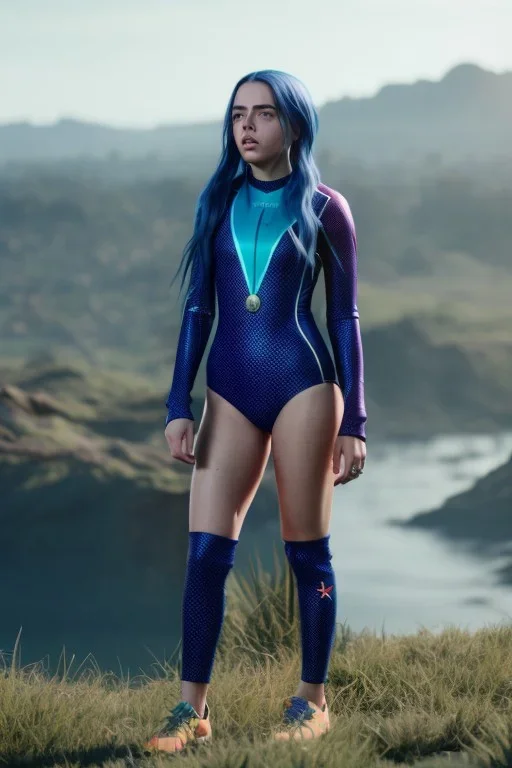 Billie Eilish, in a swimsuit, high detail, realistic, 8k, not to be distinguished from a photo, identical pupils