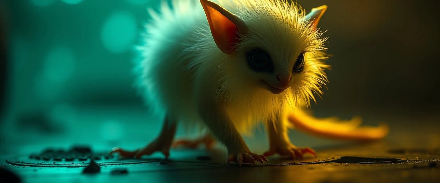 glowing quickling gremlin in the shadows with long fluffy white fur