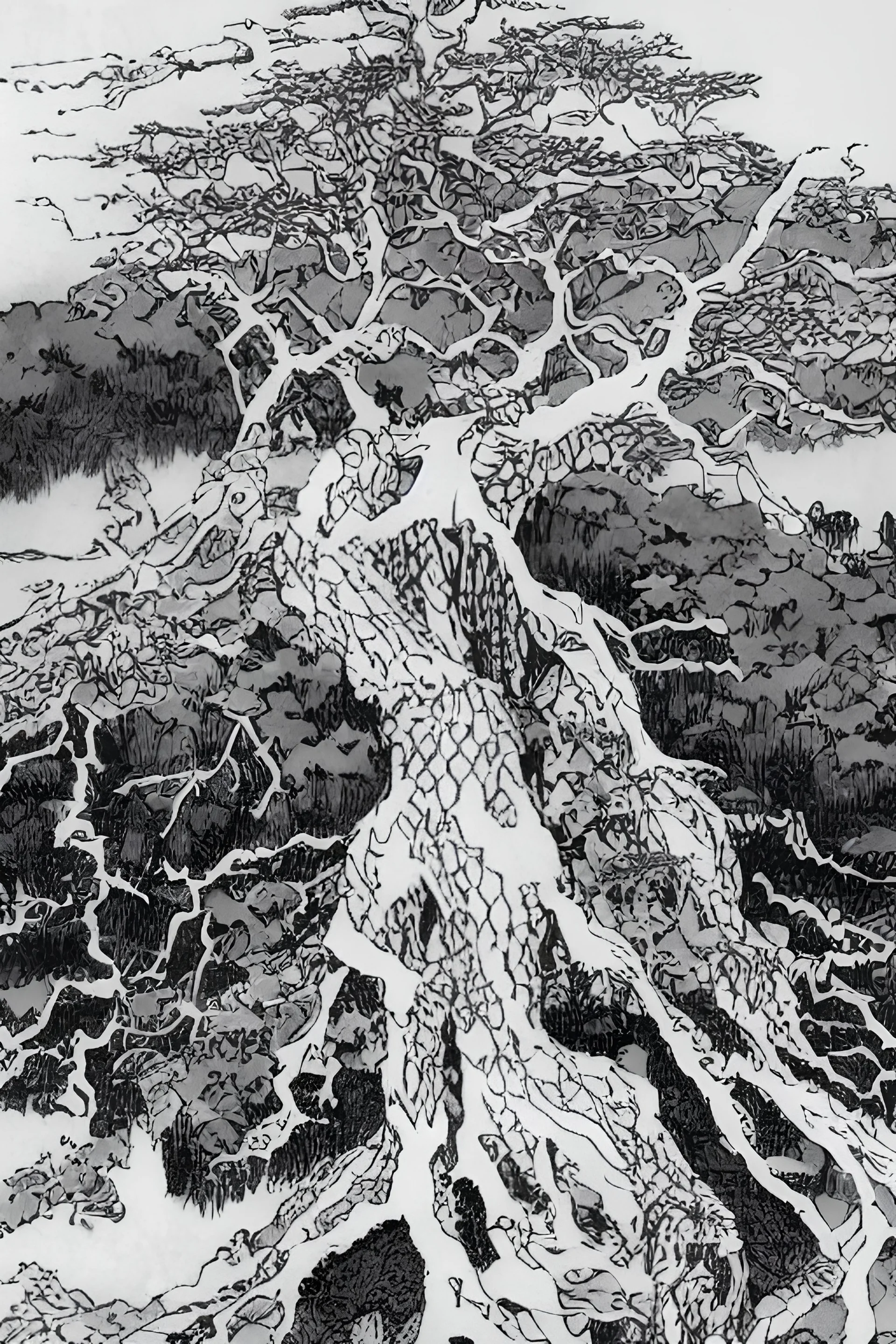 ((((skeleton)))) entangled in (((roots))) of a tree with ((((flowers)))) ((grey scale)) (((((((japan illustration)))))))) ((in the style of hokusai))