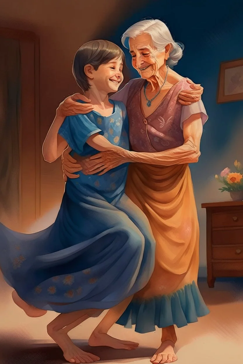 heartwarming cinematic illustration of a loving bond between a daughter and her elderly mother. The daughter, dressed casually in jeans and a blouse, has her arm wrapped around her mother's waist, while the mother, adorned in a bright, flowing gown, gracefully guides her through the dance. Their faces are a picture of joy, with the mother's radiant smile and the daughter's beaming eyes reflecting the love they share. The cozy living room, adorned with cherished family photos and decorations, cre