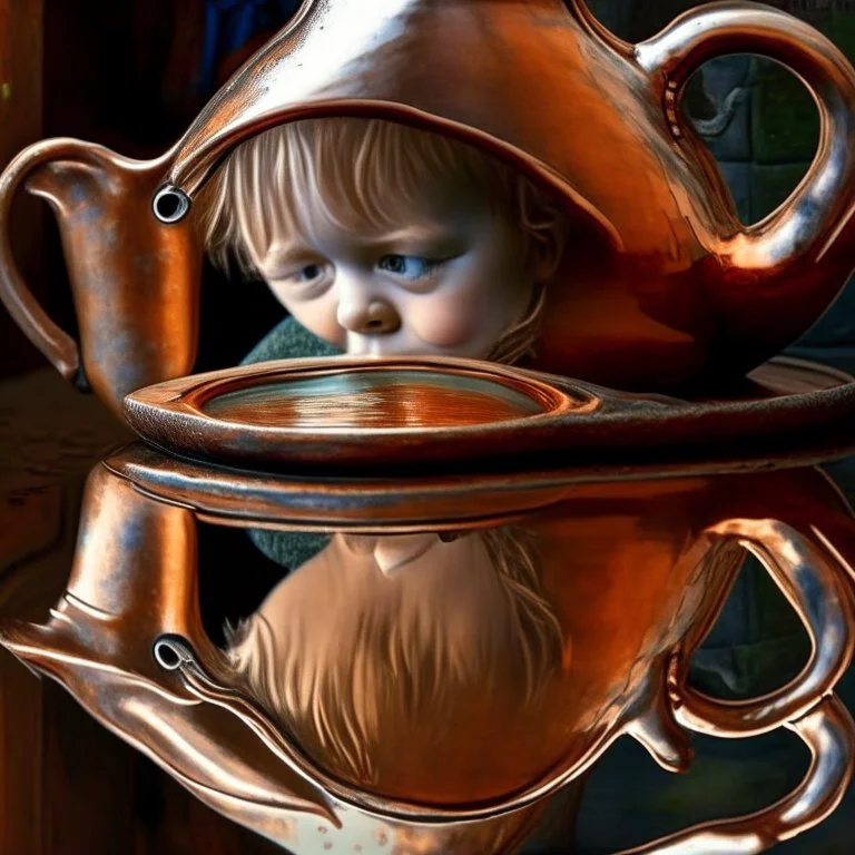 The reflection of a child on the surface of an old copper teapot