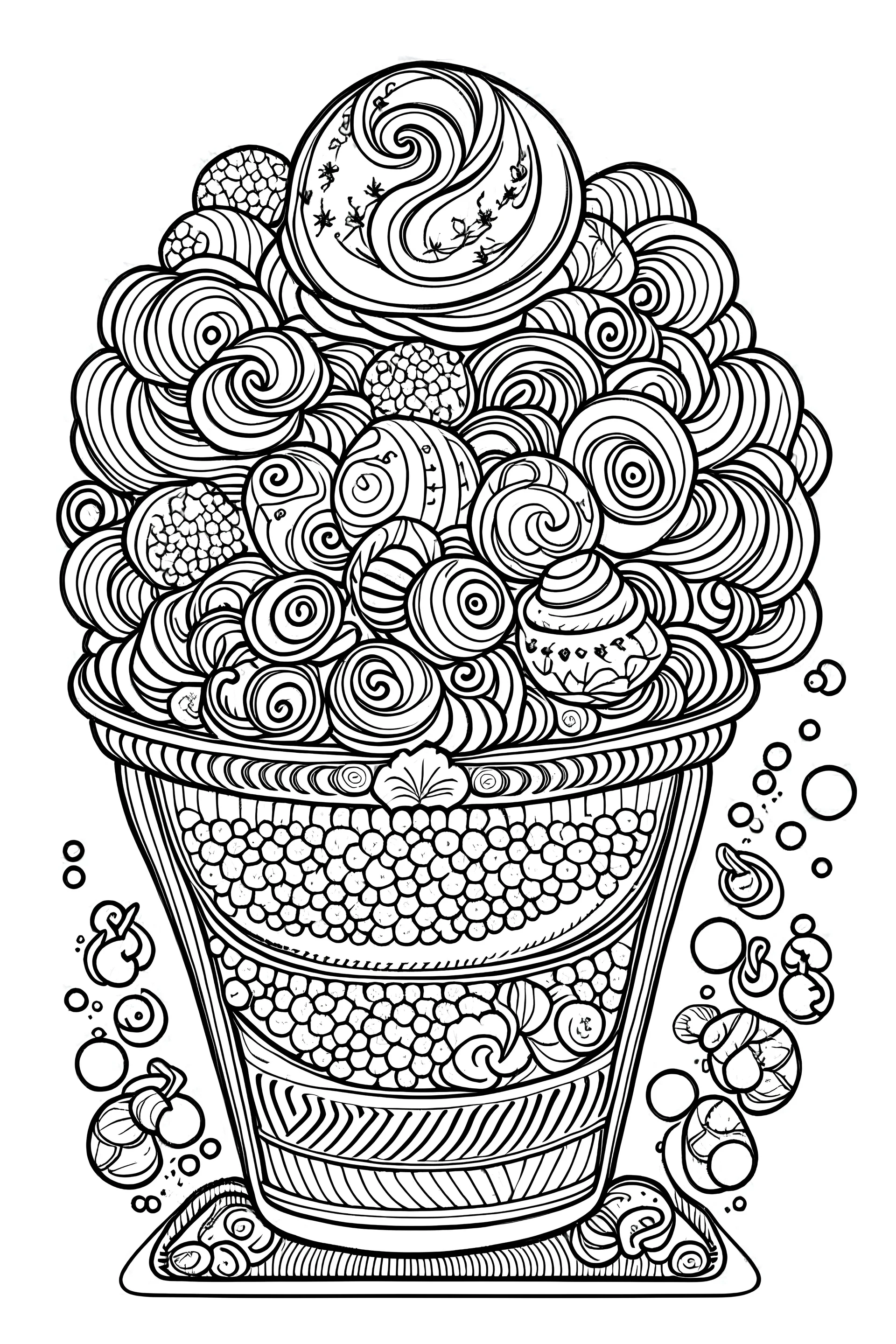 Outline art for coloring page, a full and perfectly centered image, of a beautiful ice cream glass, decorated with of cream sweets candies, thin black lines and large white blanks, white background