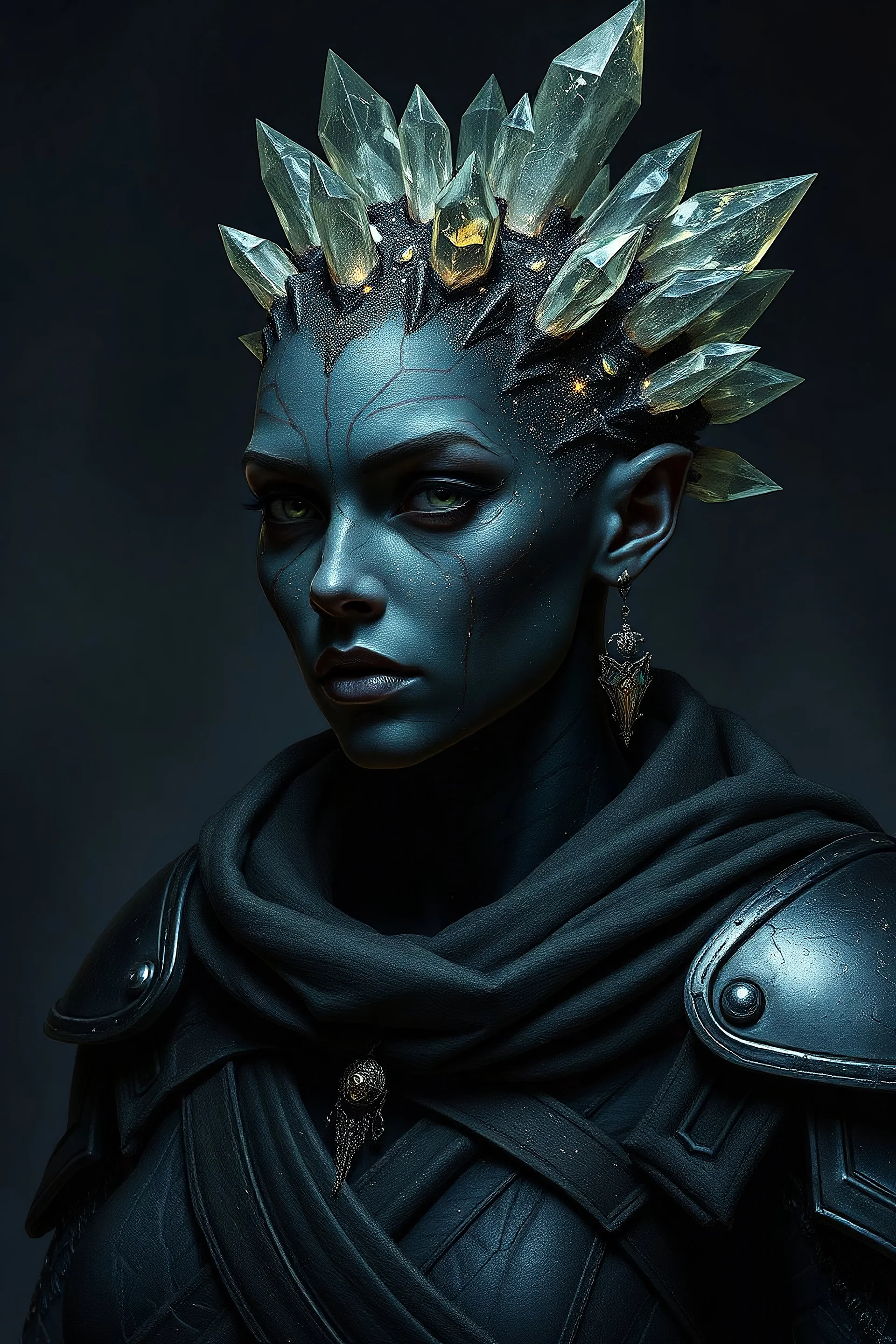 Please generate a female earth genasi cleric in the tempest domain for D&D. She should have dark, stone-colored skin with glittering sparkles like gem dust. She should have lines marking her skin like cracks, showing glimmering gem-like veins. Instead of hair, her head is covered in short, spiky crystals. She is fully-clothed in cleric robes and medium armor. Dark, moody "twilight hour" vibe