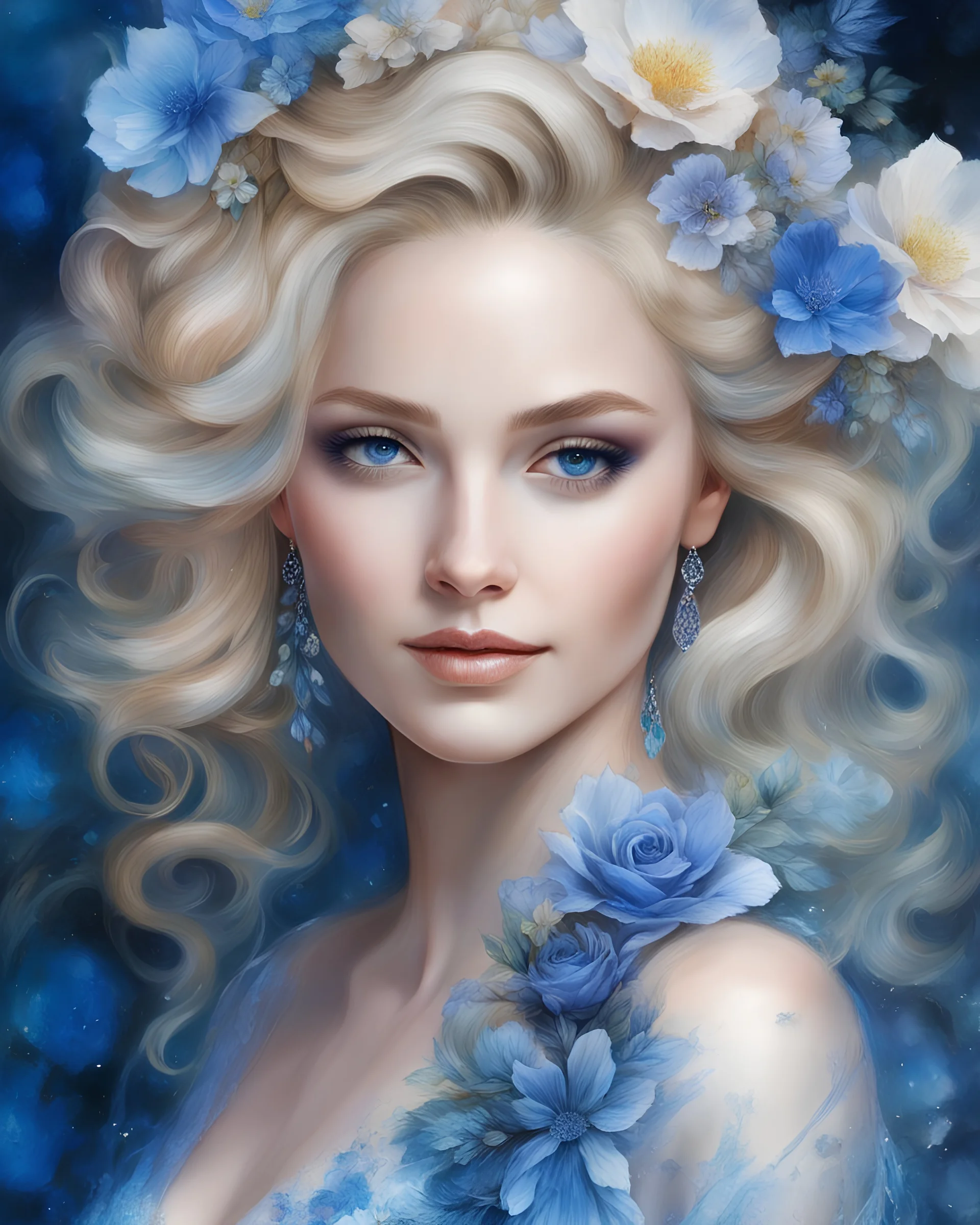 smiling blonde with a complex hairstyle, in a beautiful dress, dress with flowers, photo realism, huge blue eyes, delicate shades, electric blue, shimmer, surrealism, careful drawing of details, quartz threads, volumetric watercolor, aesthetically pleasing, 3D, professional photo, realistic photo, dark botanical, dark fantasy, detailed, illustration, 64k, 1/500s, f/5.6, ISO 150 long shot