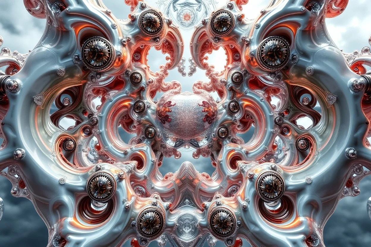 Dynamic complex hypnotic fractal 3D Symmetrical structures with mirrors twisting and morphing between organic and geometric forms , smooth translucent iridescent glass with inner glow and bubbles, varied transparent materials, stormy skies, intense dramatic