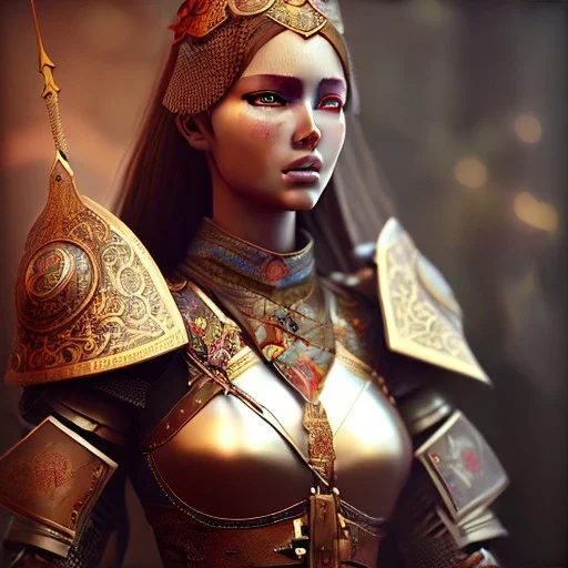 portrait of a warrior with ottoman beautiful girl themed armour, extremely detailed, UHD, 8k,The close-up camera effect,sharp focus, perfect position,hyperphotorealistic, unreal engine 5, octane render