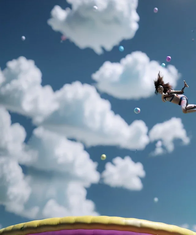 Ultra realistic speed clouds sky scene, wide angle view, sweet childs falling down, inflatable color clothing, free jumping flying, many trinkets, monster hair, hair monster, many jelly beans, balls, smile, happy, circus style, extreme, wind, clouds sea, 20,000 feet altitude, stratosphere, soft color, highly detailed, unreal engine 5, ray tracing, RTX, lumen lighting, ultra detail, volumetric lighting, 3d, finely drawn, high definition, high resolution.