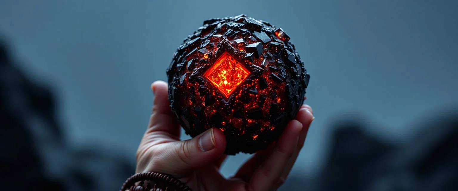 dark dwarf praying mining expert expert holding up a radiant Painite crystal rosette ball
