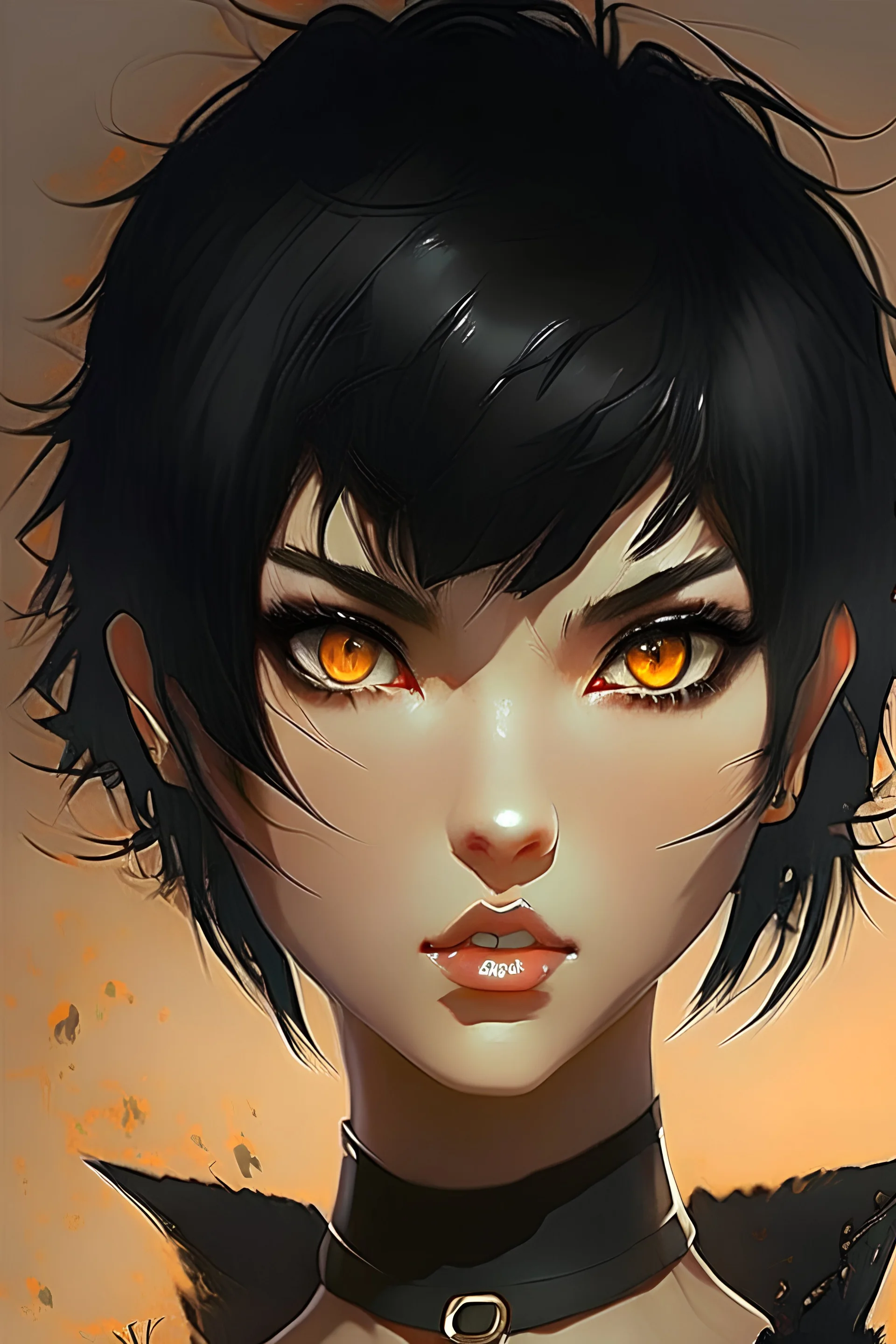 waifu pelo corto ojos ambar pelinegra con colmillos