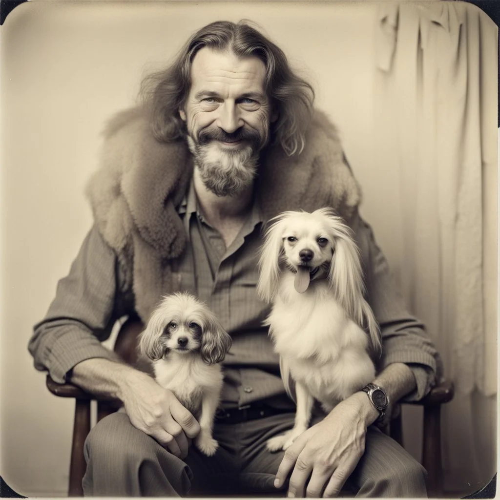 Awkward portrait Photo, 40 years old sitting on chair, weird smiling, long 1970 hippie hair and mustasch, bland polaroid camera, holding a small dog, parrots