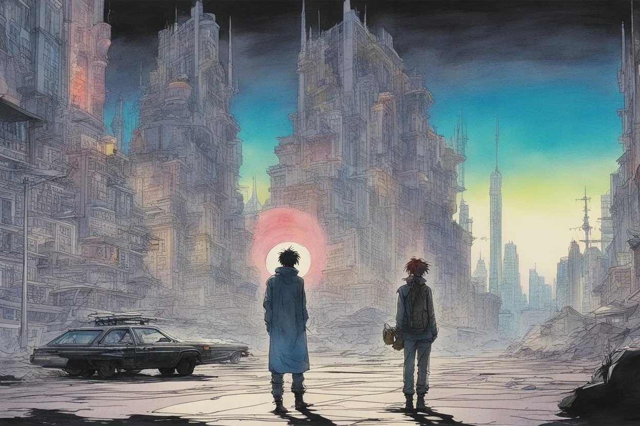 retro anime style, full color, dark serious 1980s anime Lunar Punk city, moebius artist, magic, watercolor,