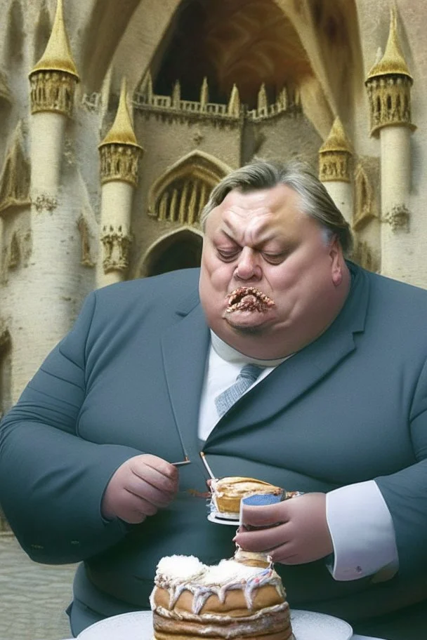 fat viktor orban eating birthday cake in a castle