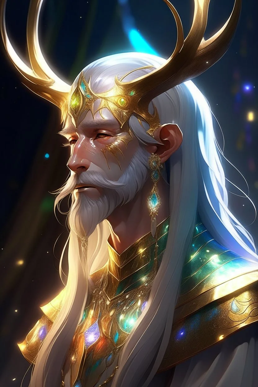 Eladrin Male antlers druid beard sparkling radiance prismatic shining starlight enshrouded