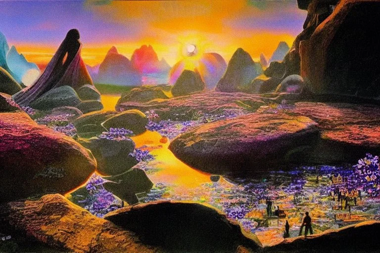 Beautiful epic sunset, logan's run 1976 movie influence, cosmic, people, rocks, holiday influence, river, flowers, very epic and philosophic, otto pippel impressionism paintings