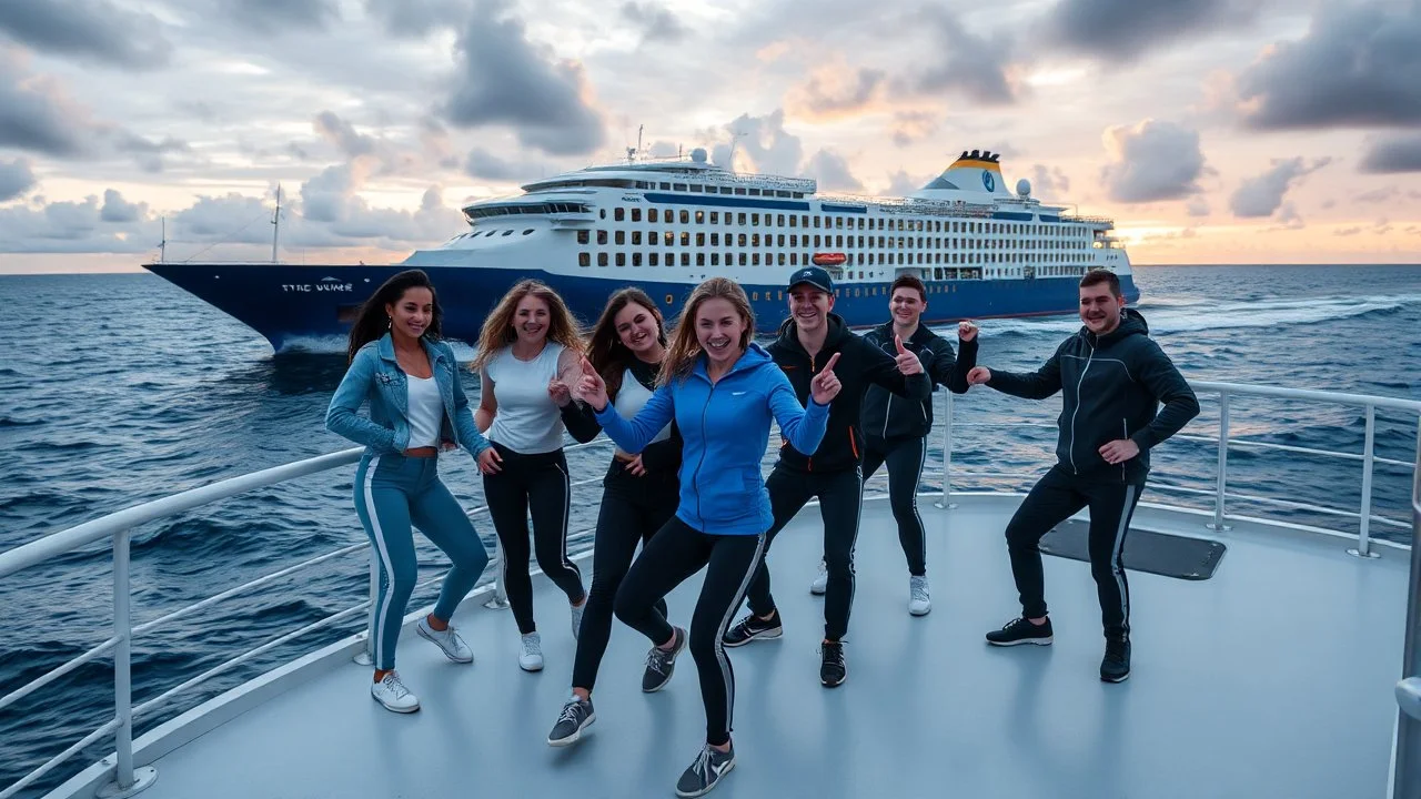 a group of young ladies and young men in sports pants and jacket are dancing to camera on deck of a small modern ship in oceion next to a passing huge ship,cloudy sun set sky