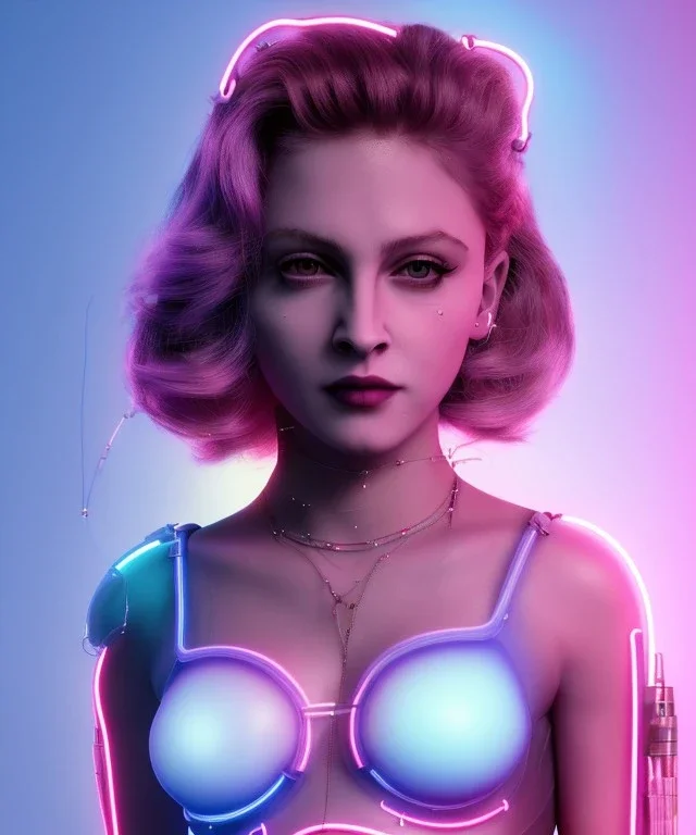 Artist, young madonna, android woman, glow iris, piercings, sweet, short blonde, white skin, long eyeliner, glow pink cheeks, glossy lips, color leds lights, cables, short hair, circuits, cyberpunk, latex coat, cyber punk, neon, portrait, studio photo, unreal engine 5, soft color, 16 bit, god lights, ray tracing, RTX, lumen lighting, ultra deatail, volumetric lighting, 3d, finely drawn, hd.