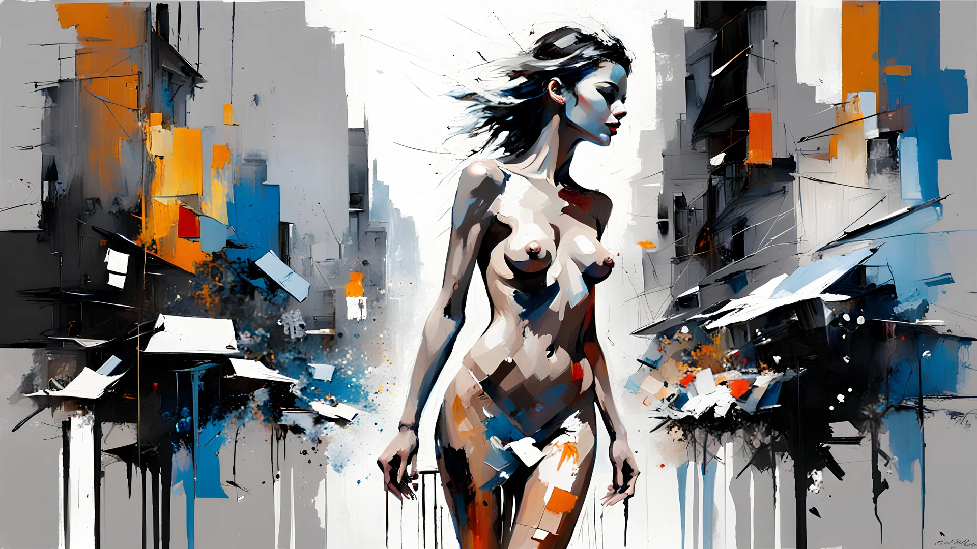 abstract oil painting: naked woman , gray-black-white-blue colors New York. Willem Haenraets artistic style, Derek Gores, Highly Detailed, Afremov, colorful in Kal Gajoum style