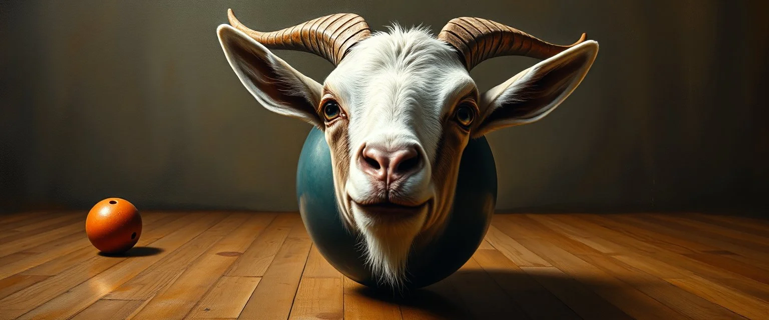 master oil painting by Rembrandt, good afternoon goat bowling ball with big monster googly eyes