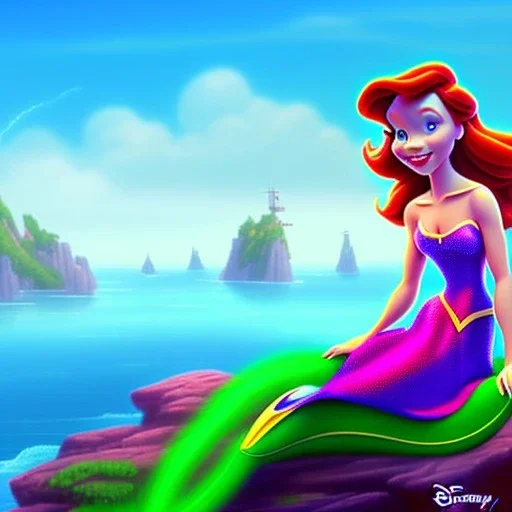 Disney'den Ariel yeşil kuyruklu, bir kayalığın üstünde oturuyor ve hafif gülümsüyor, cartoon digital drawing style