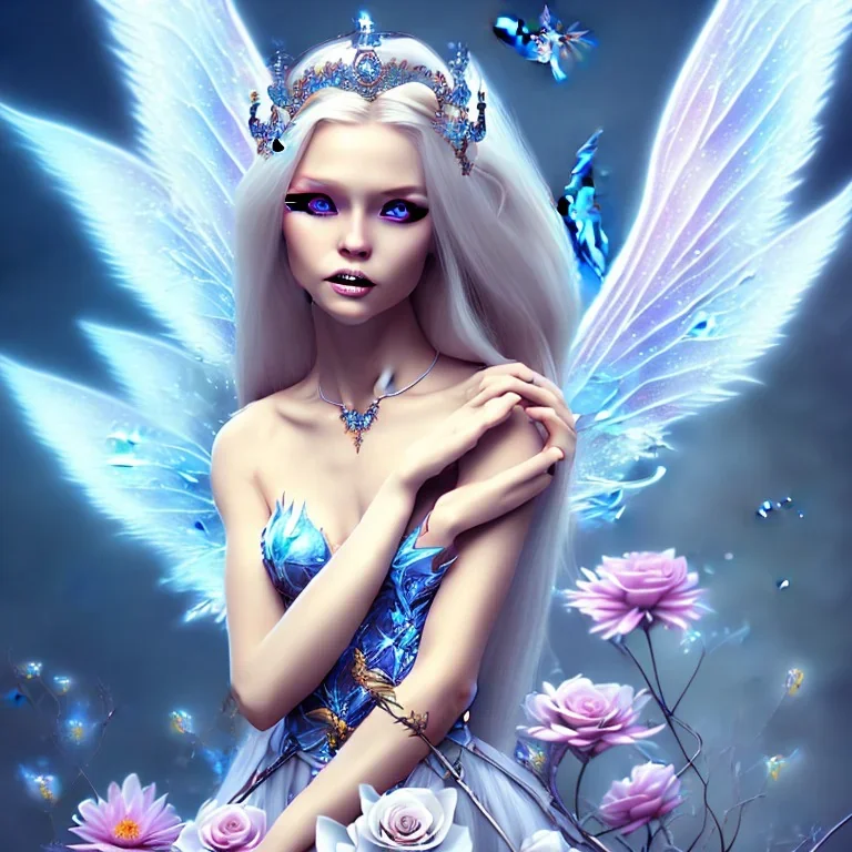 Fantasy cute fairy with wings, smiling, blue eyes, make up, long blond platinum hair, crown, beautiful dress, flowers in background, HQ