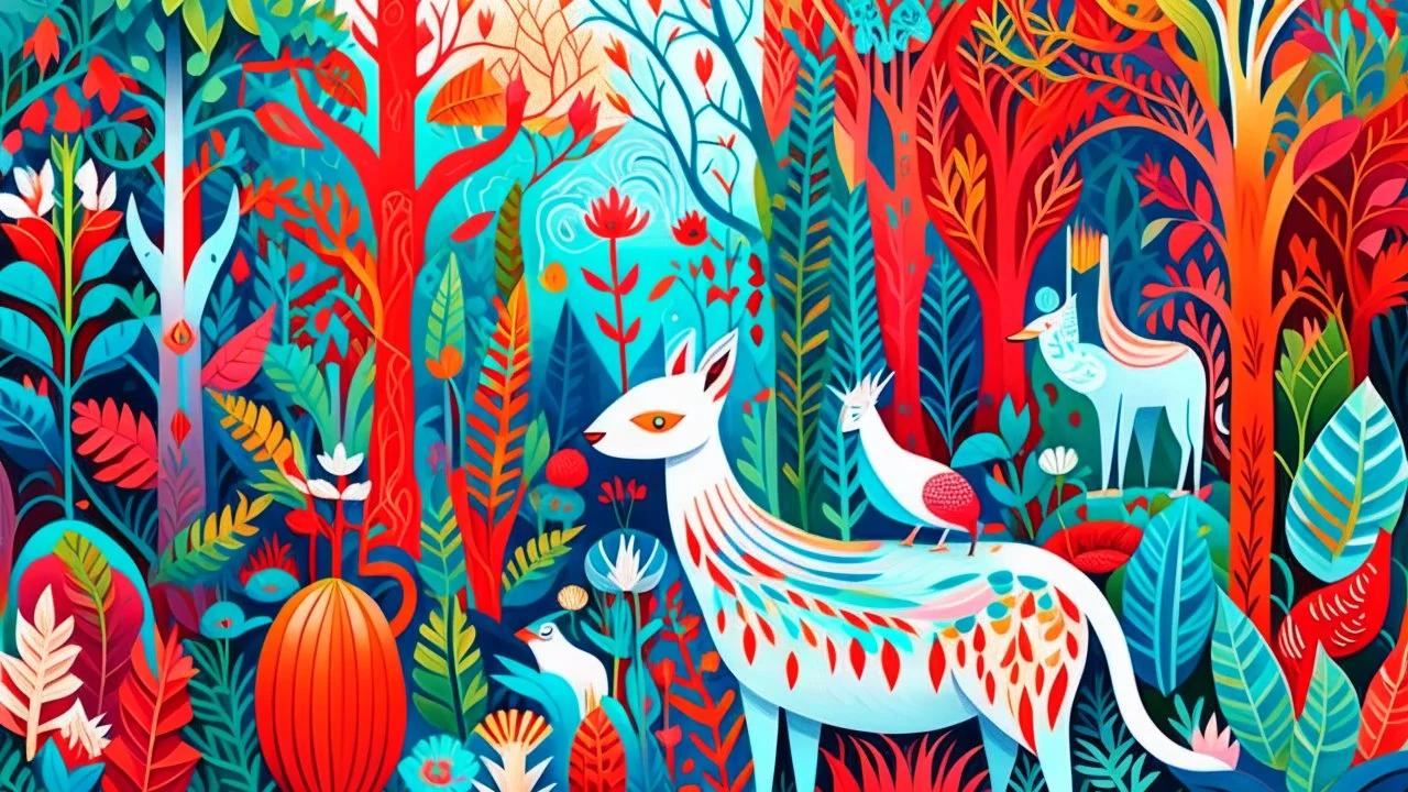 A colorful, surreal jungle scene with various animals including a white cat, a red bird, and a deer-like creature surrounded by vibrant foliage and patterns