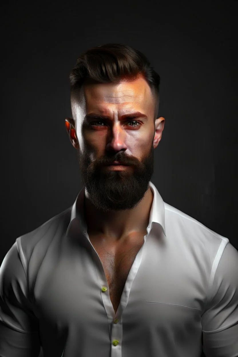 Ultra realistic photograph of muscular male in white button up shirt, dark hair cut short and neatly trimmed beard