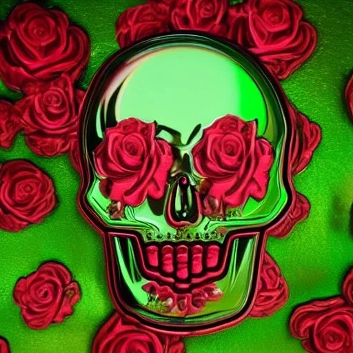  green android skull surrounded by roses, metallic, realistic, volumetric lighting, shiny, fit in board, full figure