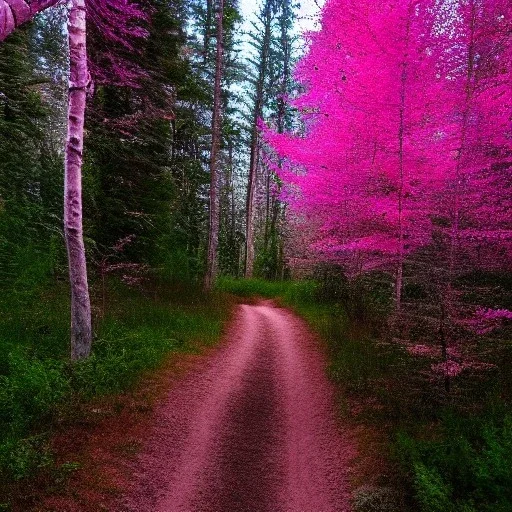 petit chemin de sable dans la foret, arbres roses, aurore boréale