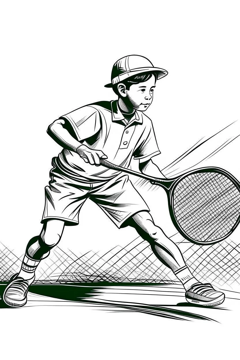 A black and white image of a classic tennis player KIDS performing a backhand swing on a grass court. Style: Vintage Photography, Mood: Timeless and Skillful, Lighting: Sunlight with soft shadows, T-shirt design graphic, vector, contour, white background.