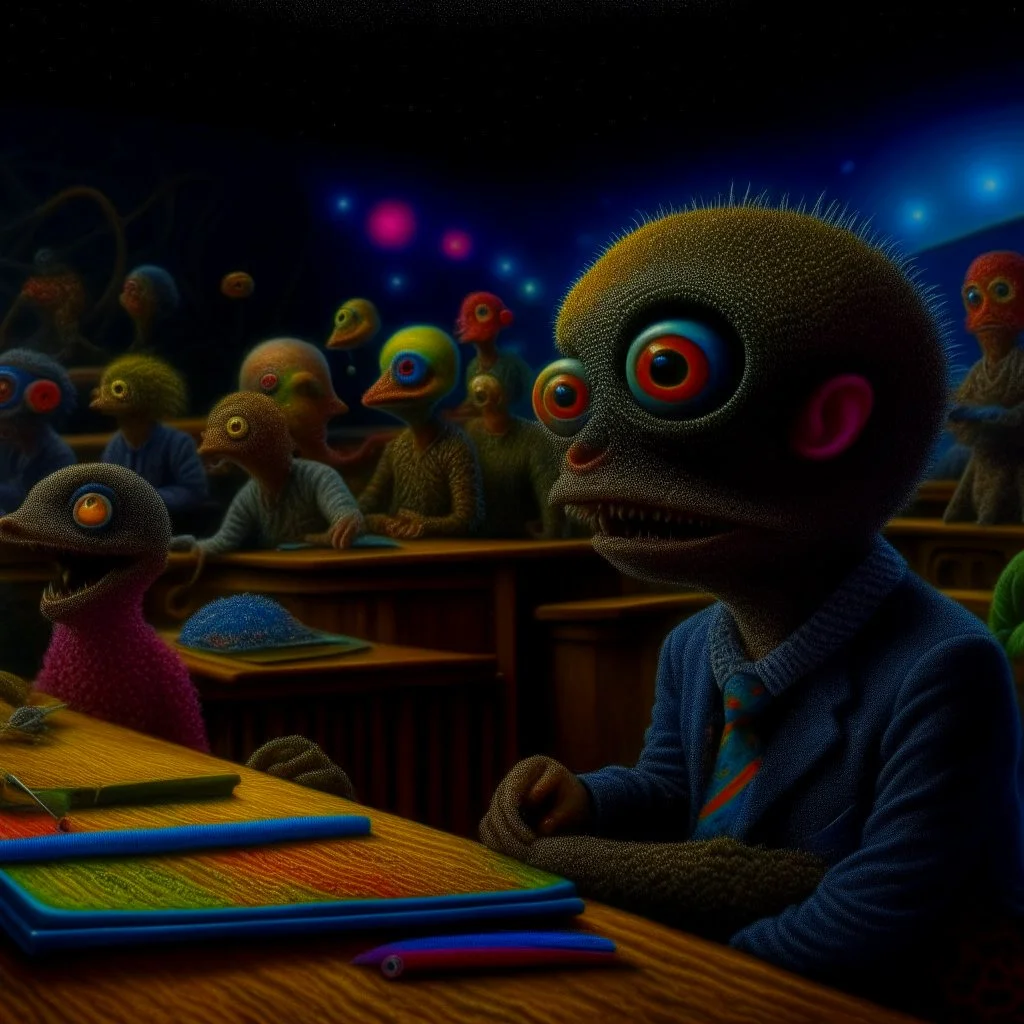 Hyperrealistic, spooky, dark, odd extraterrestrial being at work as a school teacher, many students, sharp focus, 8k, 3d, very detailed, volumetric light, grim, fine art, very colorful, ornate, insanely detailed and intricate, hypermaximalist, super detailed, decadent, Max Ernst style